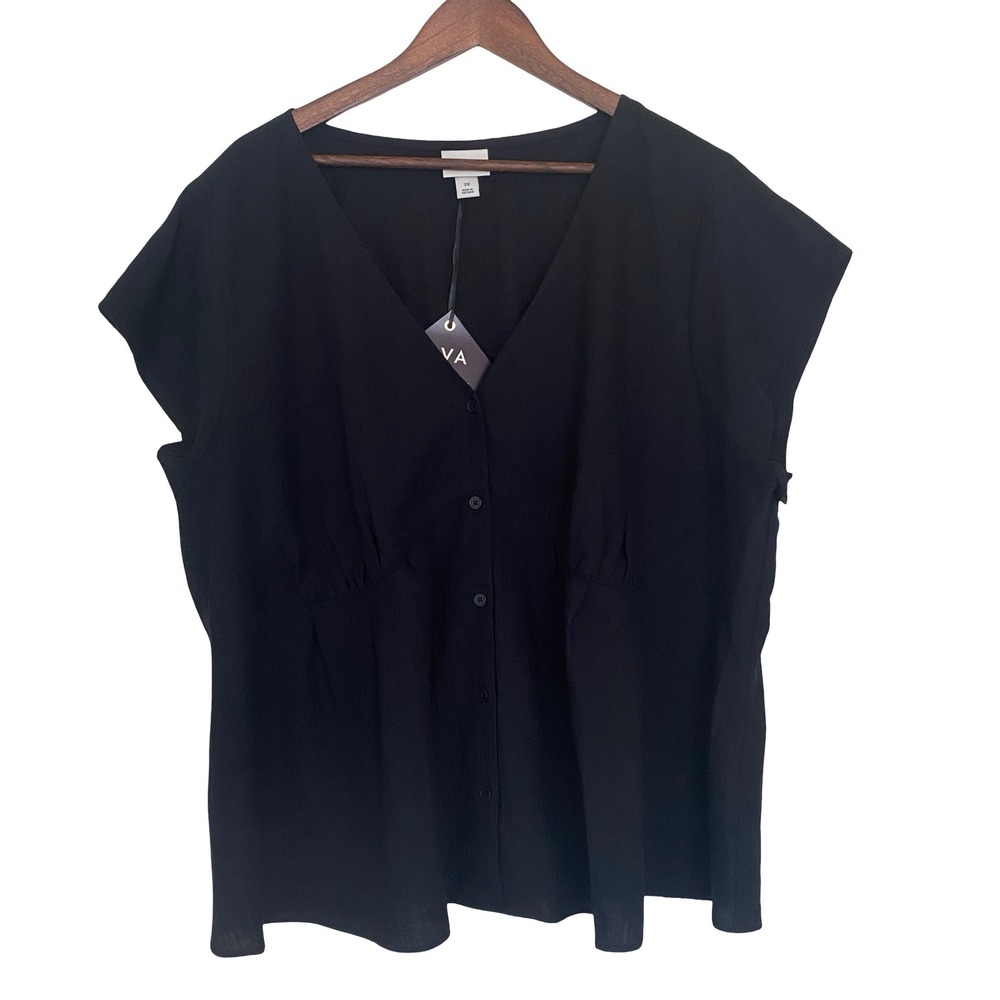 Ava & Viv Women Button Down Top 2X Black Short Sleeve Cotton Ruched V-Neck NWT